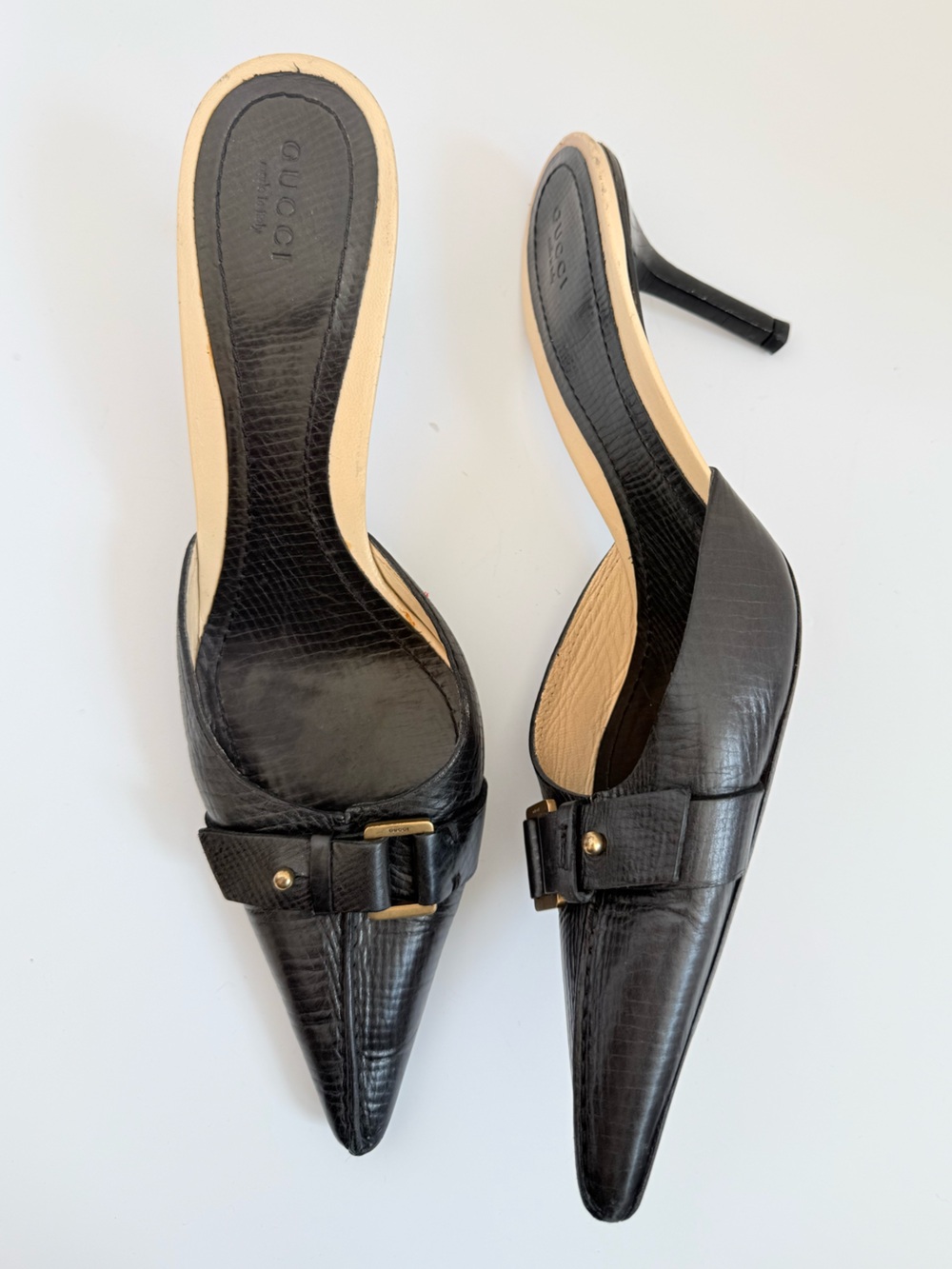 Tom Ford Era Gucci Black Lizard Embossed Leather Pointed Toe Mule Heels 10.5B